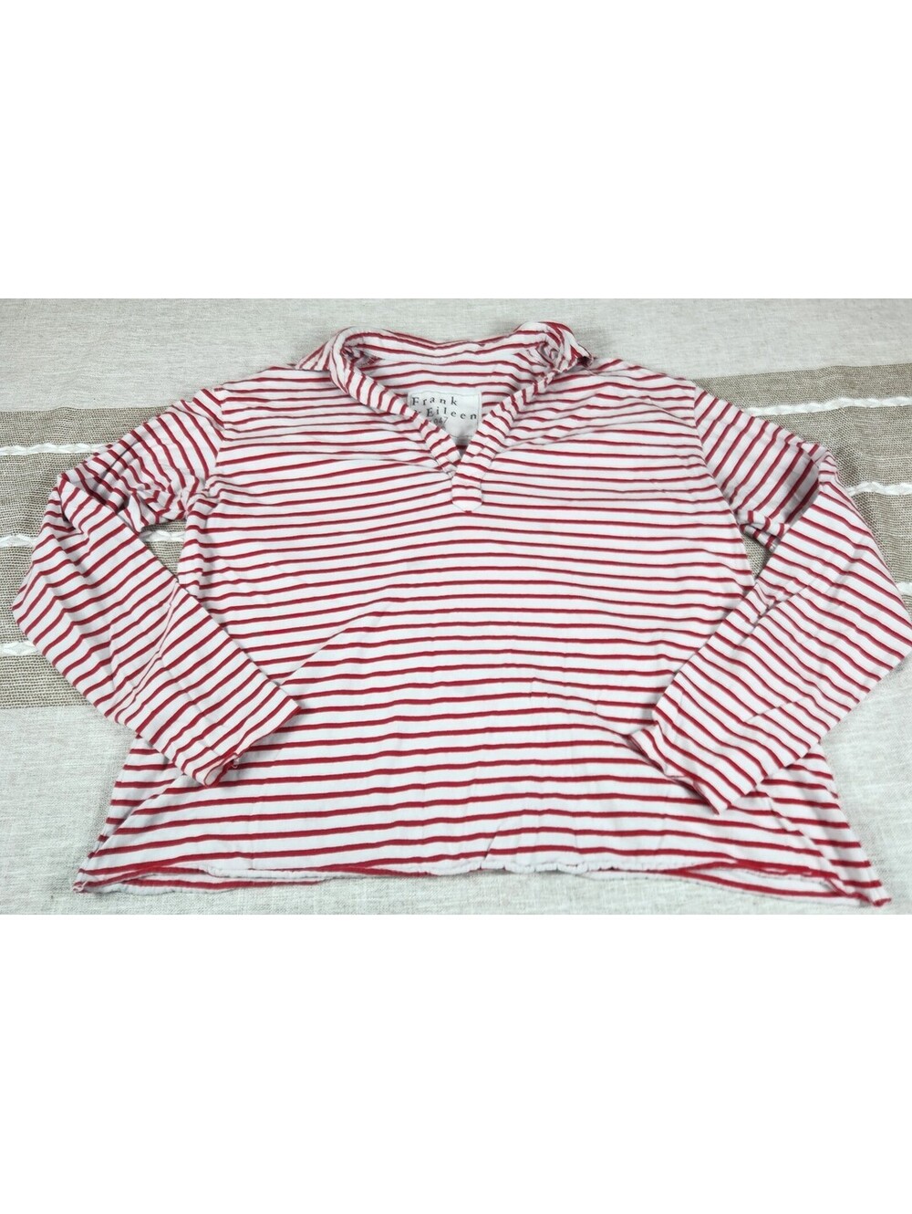 Frank & Eileen Women's Polo Shirt White Red Stripe Long Sleeve Cotton Size S